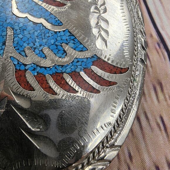 Vintage Handcrafted Inlay Belt Buckle Silver Tone Turquoise Eagle Western 3 Inch - Picture 4 of 11